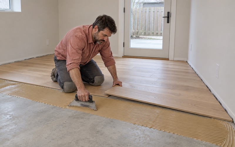 Worker spreading adhesive with a notched trowel on a concrete lower level beside new engineered hardwood planks.