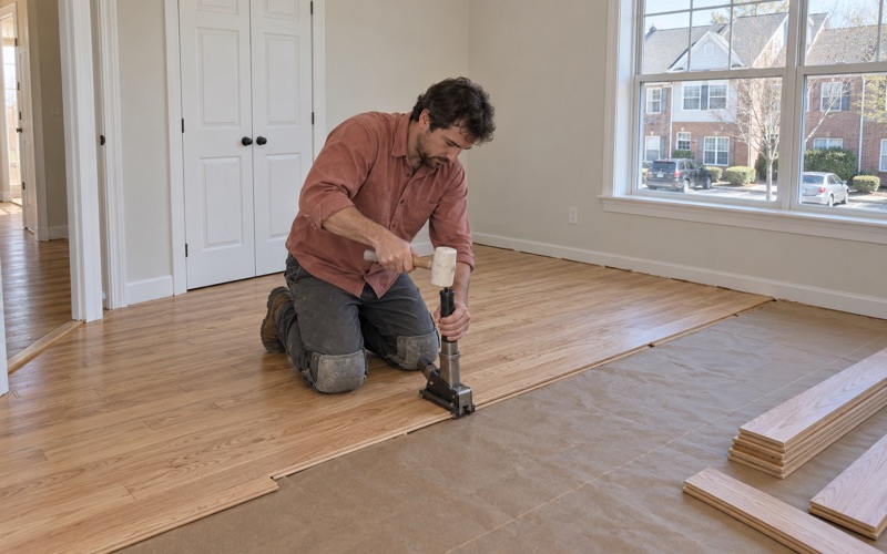 Worker striking a flooring nailer seated on the tongue of new oak strip flooring in a Severn bedroom.