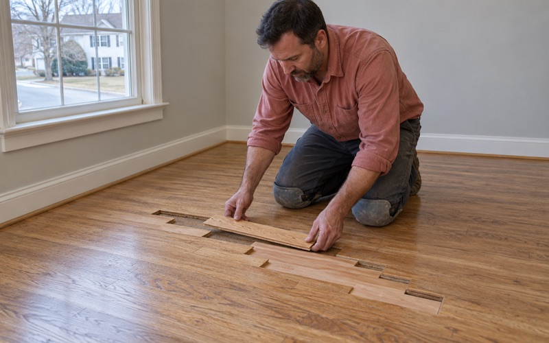 Worker tapping a new oak board into a staggered repair where pet-stained boards were cut out in a Severn bedroom.