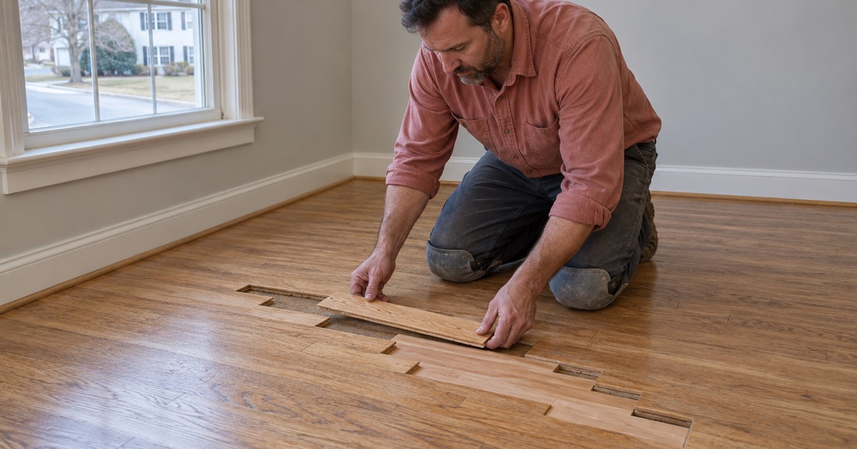 Worker tapping a new oak board into a staggered repair where pet-stained boards were cut out in a Severn bedroom.