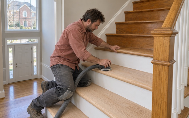 Worker sanding a red oak stair tread with a random orbital sander in the foyer of a Severn house.