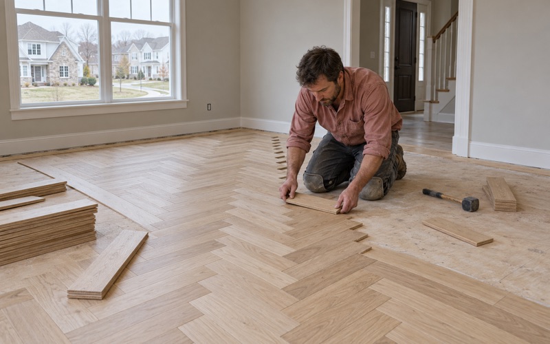 Worker aligning a white oak herringbone plank to the layout line in a new Severn dining room floor.