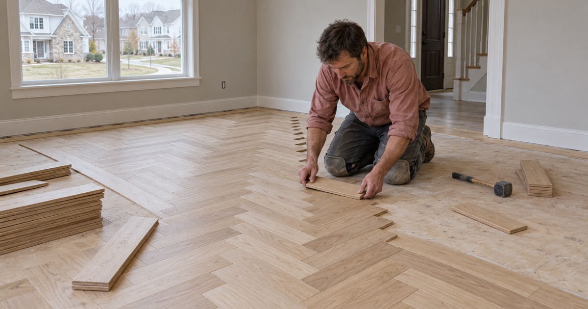 Worker aligning a white oak herringbone plank to the layout line in a new Severn dining room floor.