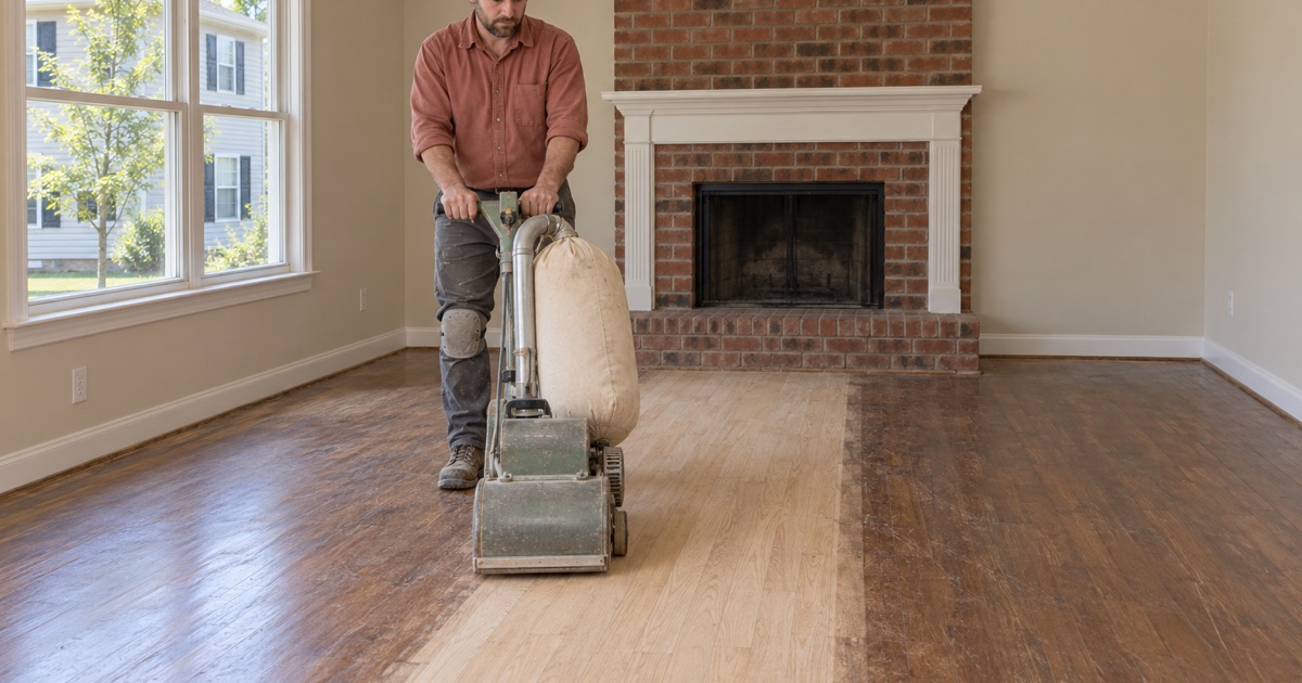 Worker guiding a drum sander along red oak strip flooring in the family room of a Severn house.