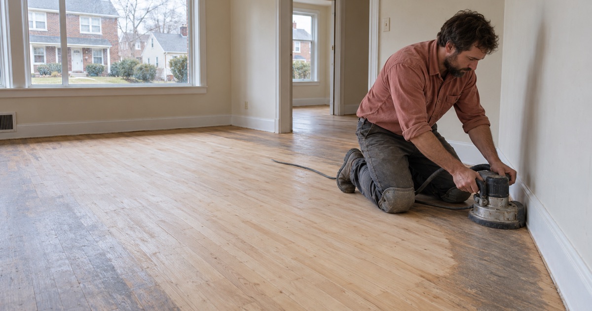 Worker running an edger along the baseboard of a worn hardwood floor in an older Brooklyn Park home.