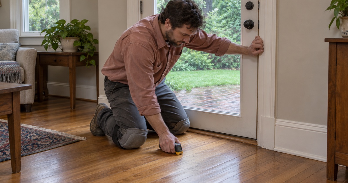 Worker checking hardwood boards inside a back door with a moisture meter after a storm in Catonsville.