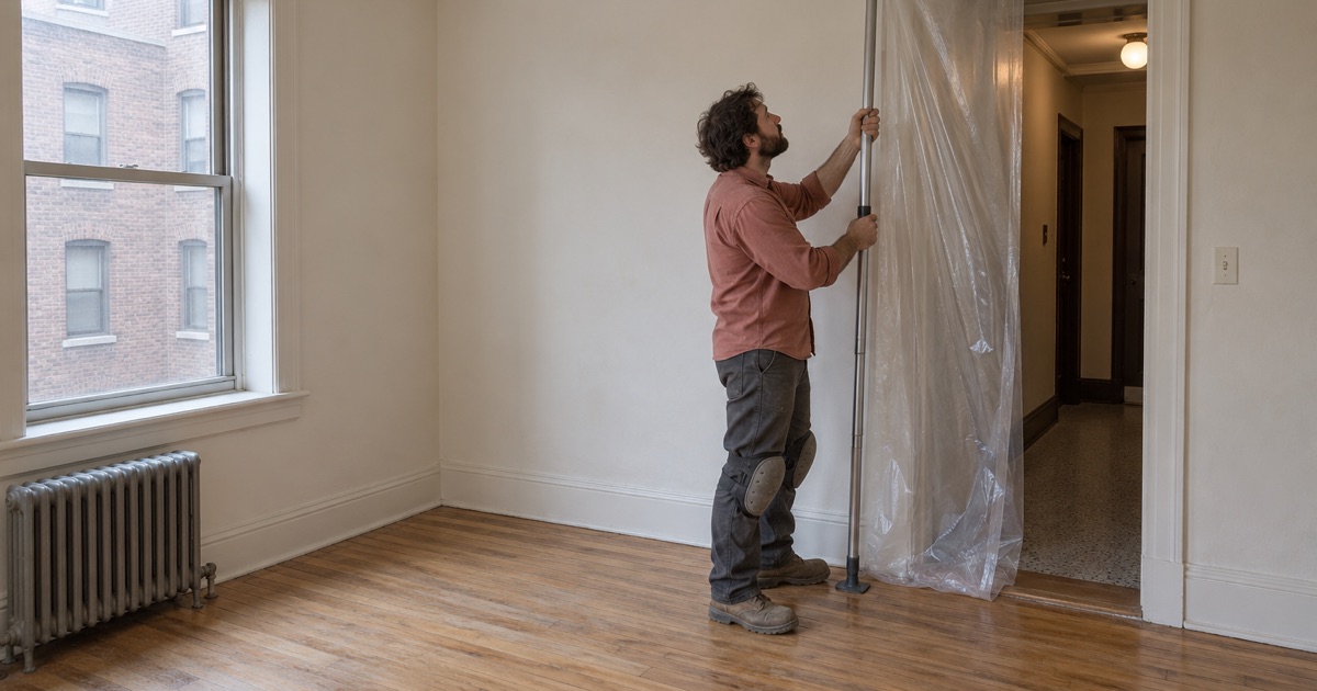 Worker hanging a dust barrier before sanding a wood floor in an occupied Cherry Hill rental building.