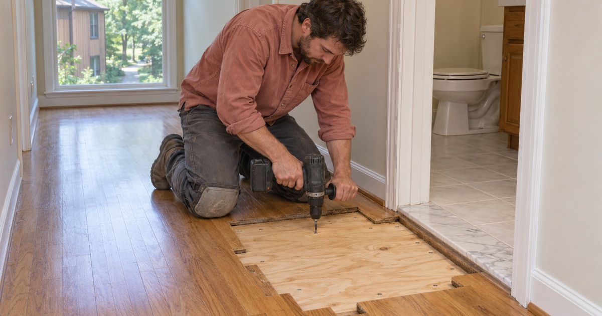 Worker screwing down a new plywood subfloor patch where a plumbing repair opened the floor in a Columbia townhome.