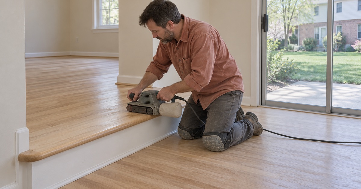 Worker sanding the oak nosing at the step down into the family room of a Crofton townhouse.