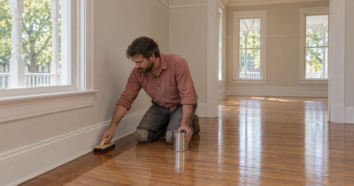 Worker applying finish by hand along the wall of a restored wood floor in an older Elkridge house.