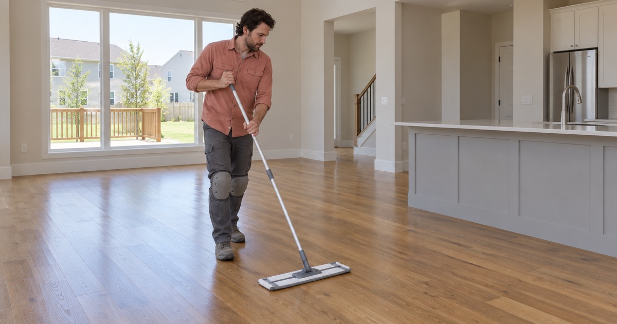 Worker cleaning a refinished wood floor in the great room of a newer Fulton home.