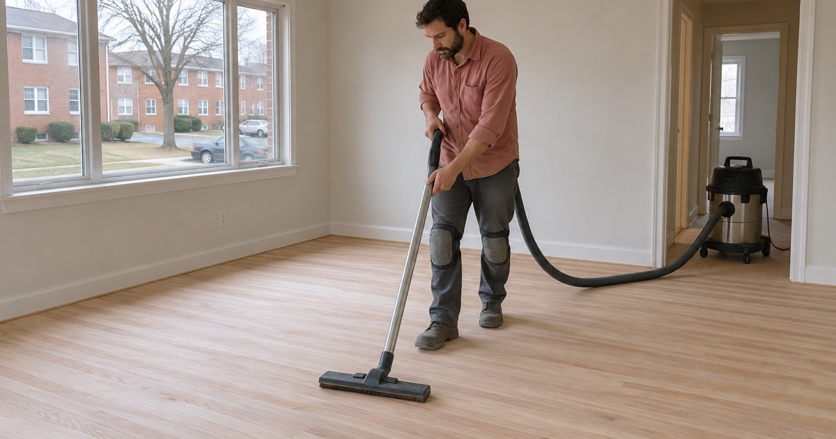Worker vacuuming a freshly sanded hardwood floor in an empty Glen Burnie garden apartment unit.
