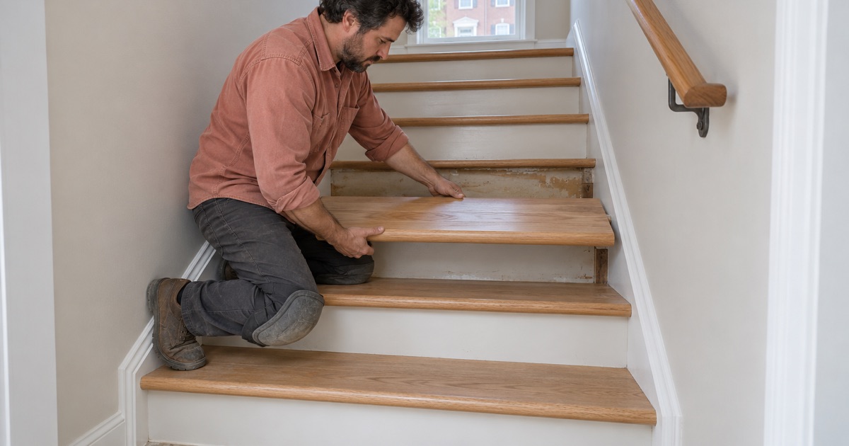 Worker setting a new oak tread on the stair of a rental townhouse in Laurel, the handrail secure on the wall.