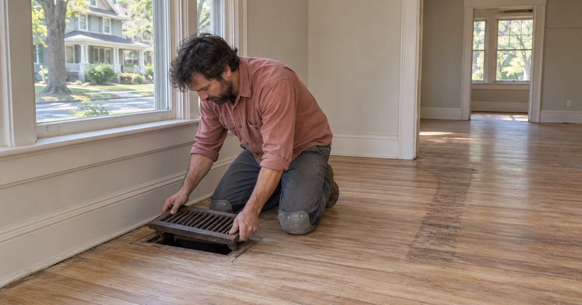 Worker lifting an old floor register cover from a hardwood floor in a prewar Linthicum house before patching.