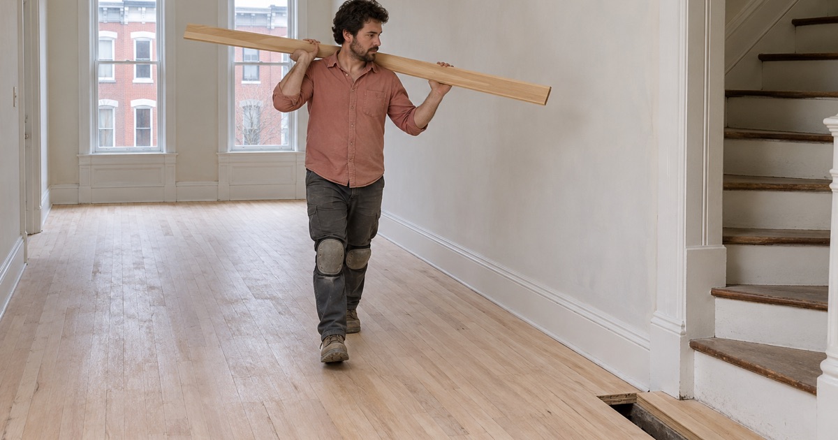 Worker carrying a replacement board across a sanded wood floor in an owner-occupied Locust Point rowhouse.