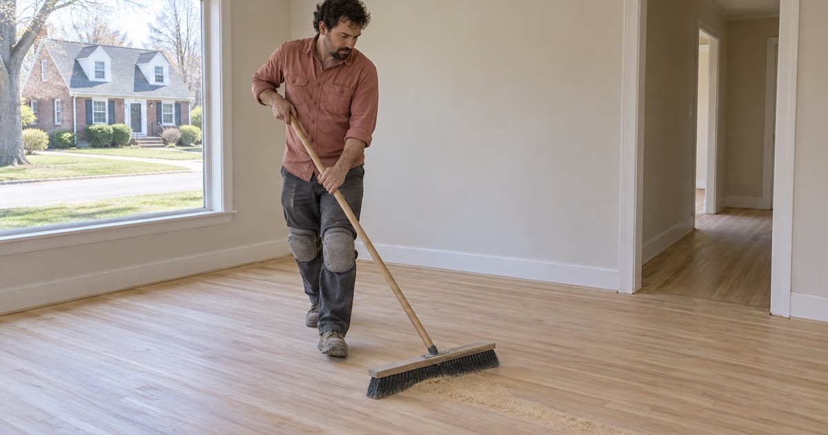 Worker sweeping sanding dust from a bare wood floor in a 1960s New Carrollton home.