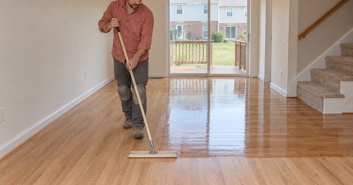 Worker walking backwards drawing clear finish across sanded oak in an empty Odenton townhouse.