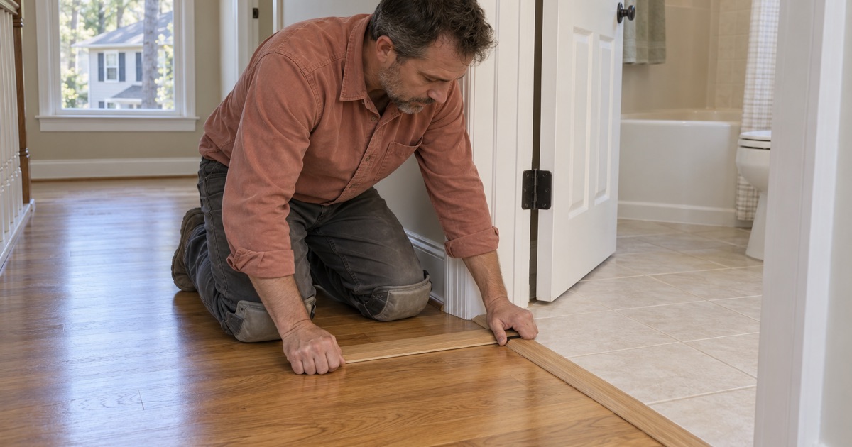 Worker setting a low flush transition between a hardwood hall and bathroom tile in a Scaggsville home.