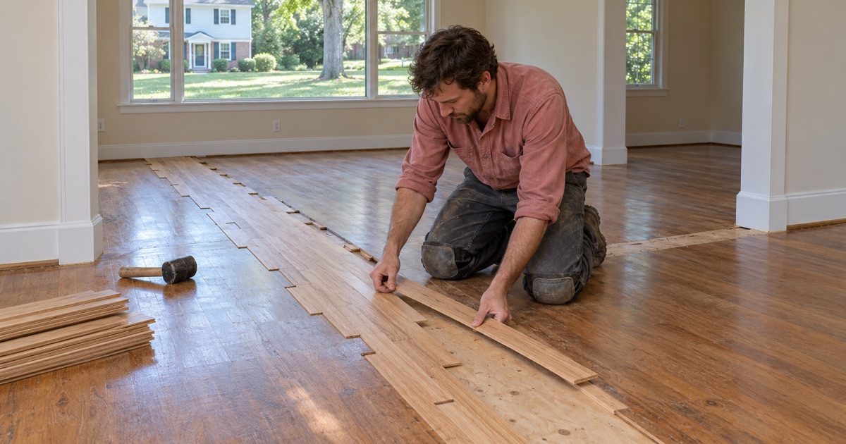 Worker feeding a new board into a staggered gap where a wall was removed in a long-owned Severna Park home.